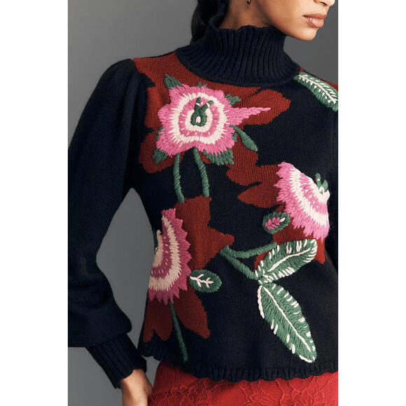 NEW, Farm Rio Colorful Flower Turtleneck Sweater in Black multi Sz XS #T3701 - Picture 7 of 12